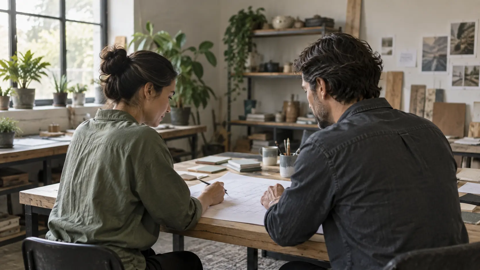 Two adults reviewing a plan at a small business worktable