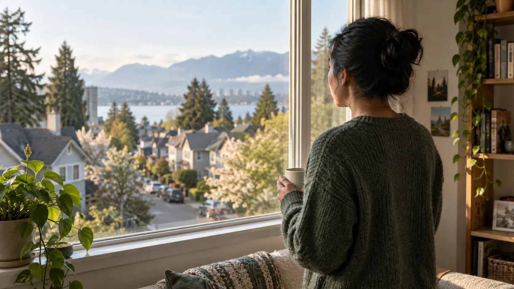 Person looking from a home window toward a neighborhood