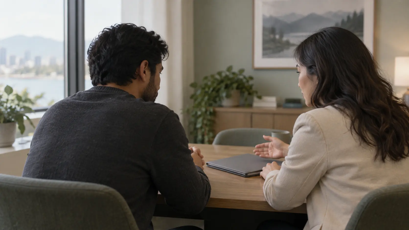 Two people in a calm conversation across a table