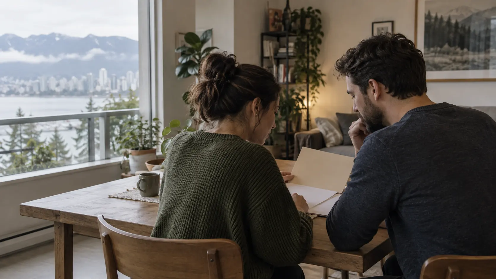 Two adult partners reviewing blank papers together at home