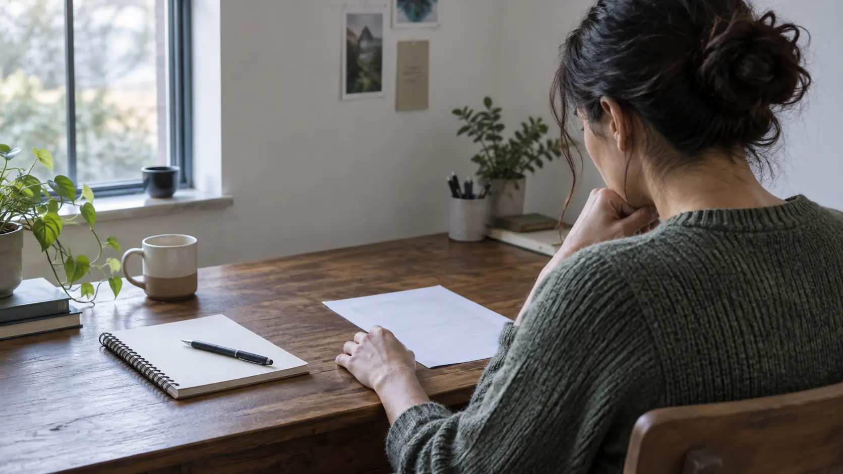 Person reviewing an unmarked letter at a desk