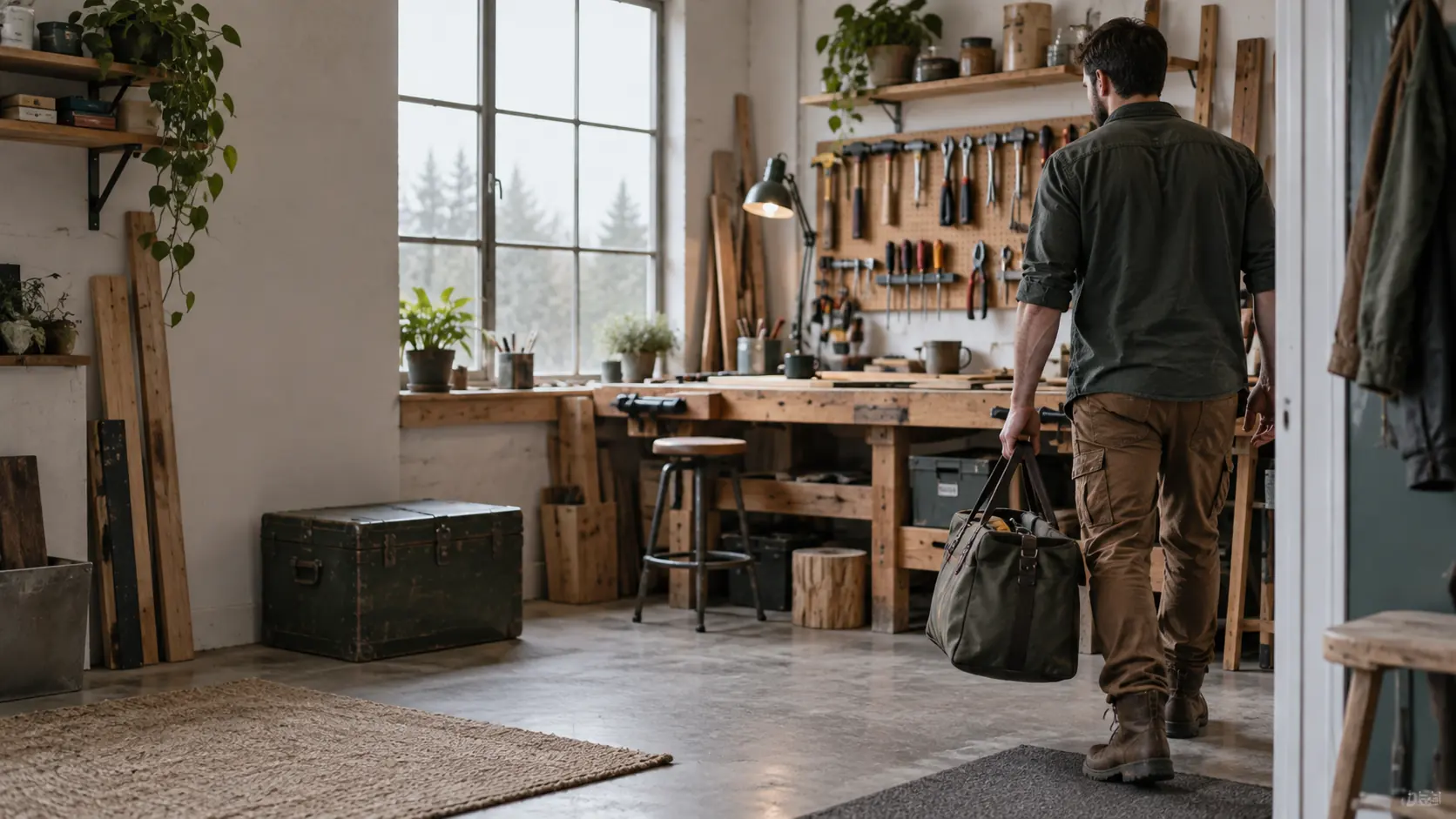 Person entering a small workshop with a work bag